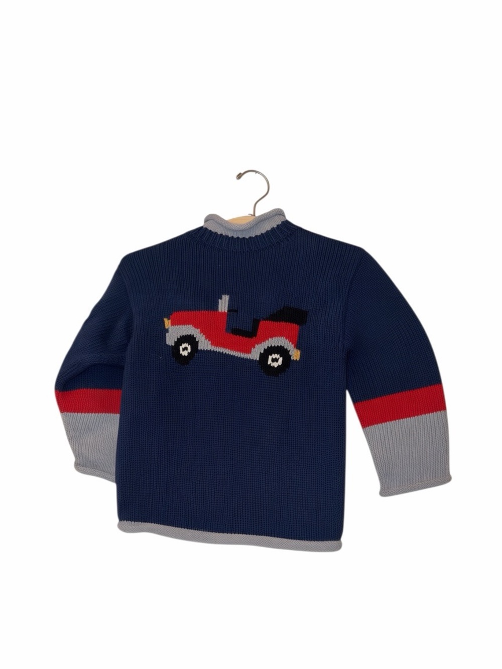 Mulberribush rolled neck Navy boys Sweater with classic Red Car Motif 6x-7
